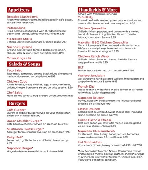 Napoleons Casino Leeds Menu